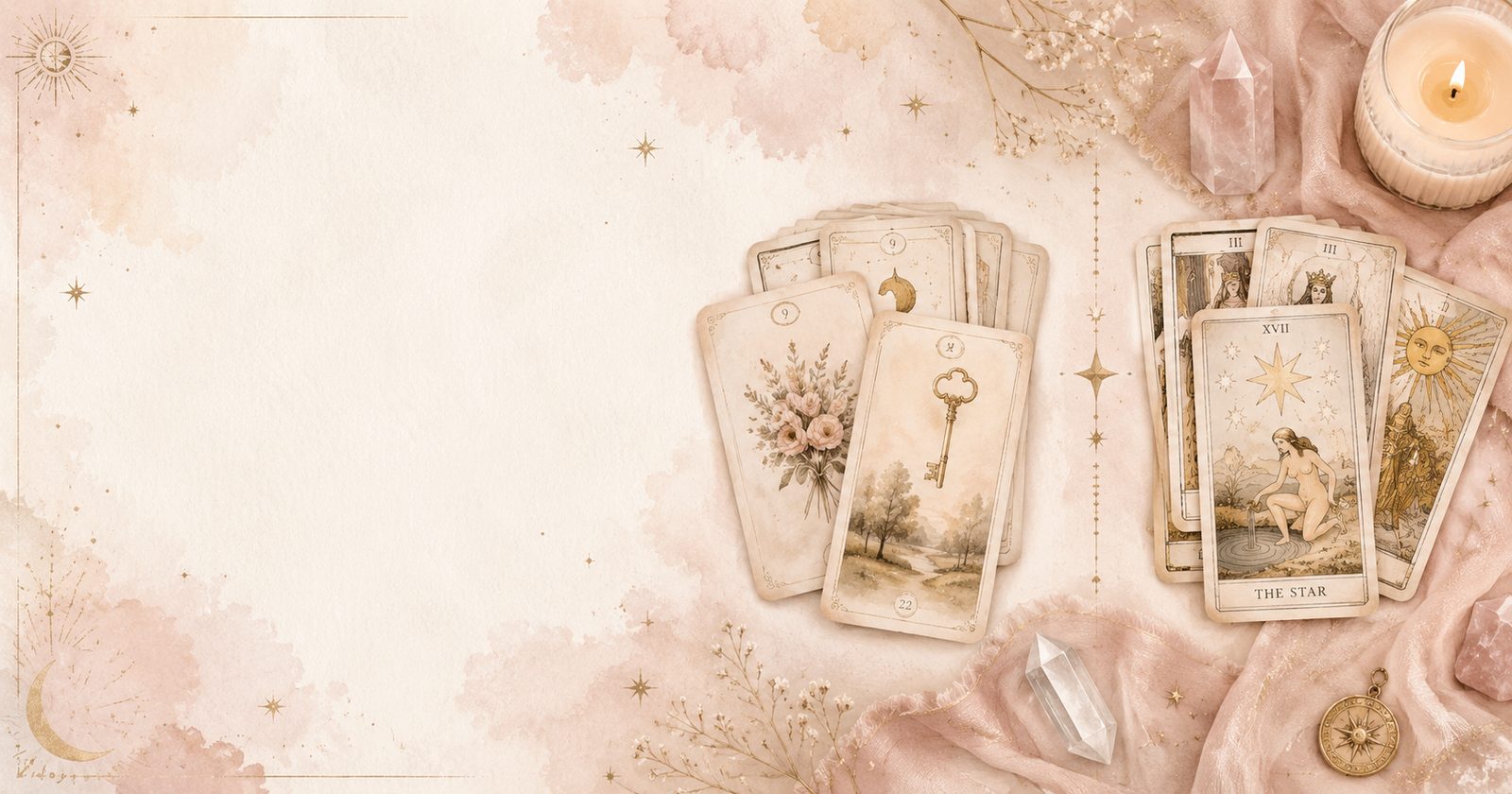 Cartes de tarot dont L'Étoile et un oracle, bougie allumée et cristaux de quartz sur un fond rose poudré